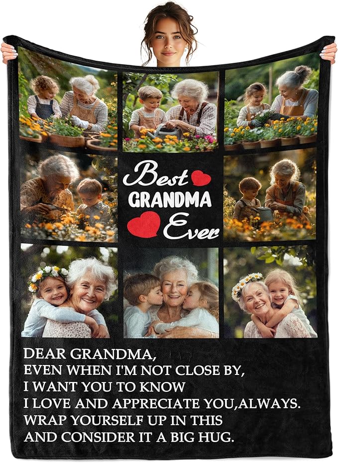 Personalized Mothers Day Birthday Gifts for Grandma from Granddaughter Grandson, Custom Blanket with Photos, Best Grandma Ever Customized Blankets with Photos