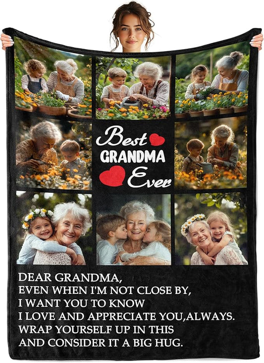 Personalized Mothers Day Birthday Gifts for Grandma from Granddaughter Grandson, Custom Blanket with Photos, Best Grandma Ever Customized Blankets with Photos