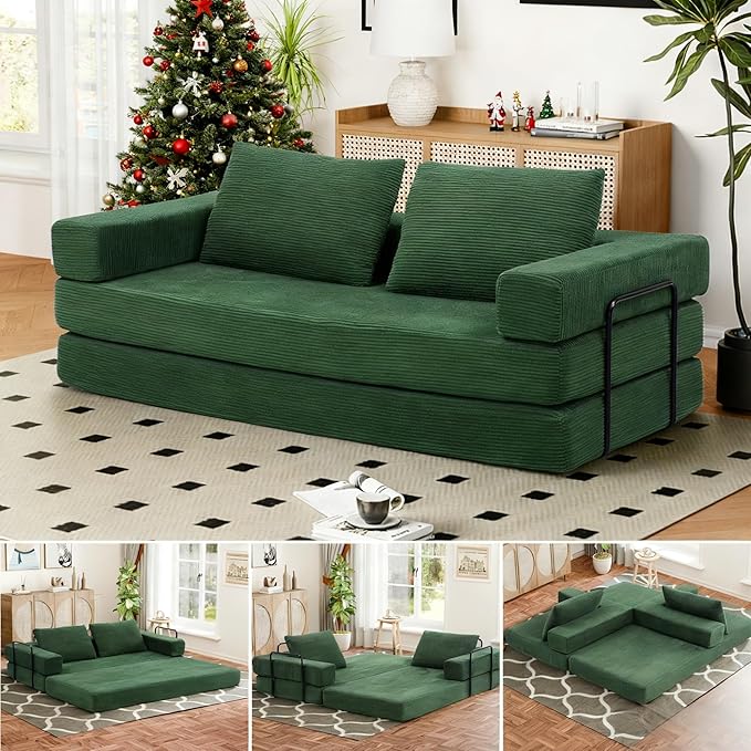 Convertible Sofa Bed, 4-in-1 DIY Combination Boneless Sleeper Sofa Bed with Pillows, Comfy Modular Couch with Fixed-Shape Frame, Corduroy Convertible Lounge Couch for Living Room, Green