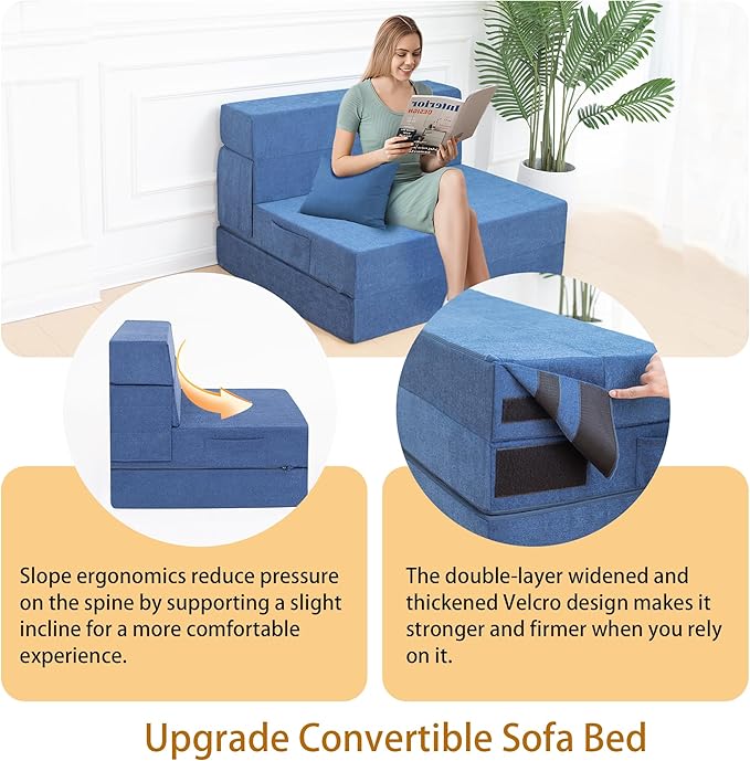 Folding Sofa Bed Chair with Pillow,Convertible Fold Out Chair Bed Sleeper,Foam Floor Mattress, Foldable Futon Couch Bed for Living Room/Dorm/Guest/Office (Blue, Twin XL)