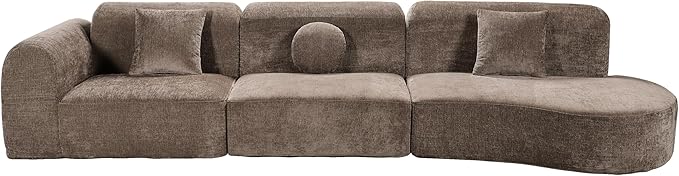 Merax 3-Piece 140" Curved Sectional Sofa Set, 4 Seat L-Shaped Modular Modern Cloud Couch with Chaise Lounge, 3 Pillows, Fully Assembled High-Density Compressed Sponge for Living Room, Brown