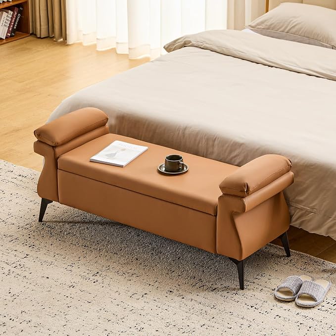 Furniliving 51” Storage Bench, End of Bed Bench with Armrest Cushion Large Upholstered Storage Ottoman Leather Window Bench with Storage Shoe Cabinet Bench, for Bedroom, Entryway, Brown by FurnilivingFurnitureforHome