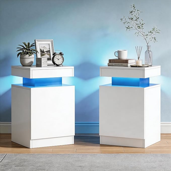 MXV Nightstands Set 2, 17 Inches LED Night Stand Set of 2, Modern Bedside Table, High Gloss Surface, End Table with Storage for Bedroom, White by Unknown