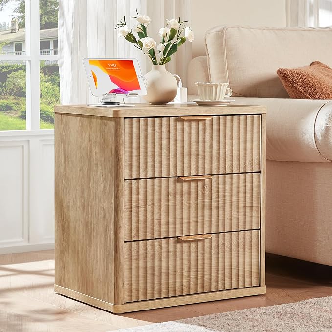 LEYAOYAO 23" Wide Fluted Farmhouse Night Stand Set of 2 with Charging Station, 3 Drawers Large End Table w/Metal Handle, Natural Nightstand Bedside Table,Wood Dresser for Bedroom, Closet - Image 7