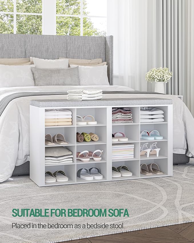 Hzuaneri Shoe Bench with Cushion, Entryway Storage Bench with 16 Cubbies, Cubby Shoe Rack with Adjustable Shelves, Shoe Organizer Cabinet for Living Room, Bedroom, Entryway, White SB25603GY - Image 3