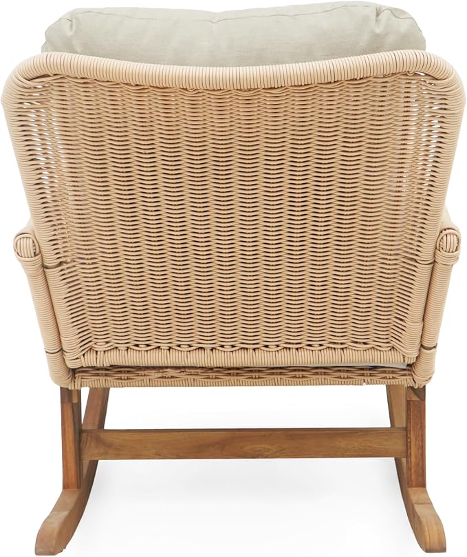 Christopher Knight Home Nadine Patio Rocking Chair, Wicker Rocker, Wood Leg Rocking Chair, PE Rattan Wicker Chair, Rocking Chair with Cushions, Comfort Wicker Rocker for Backyard Balcony Porch, Beige - Image 9
