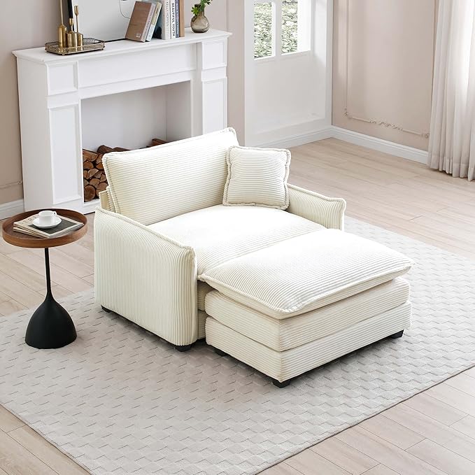 KEIKI 46" Oversized Corduroy Modular Sectional Single Sofa with 1 Ottoman, High-Density Foam Cushions, Removable Armrest, Upholstered 1-Seater Lounge Accent Chair with 1 Pillow, for Living Room, Beige