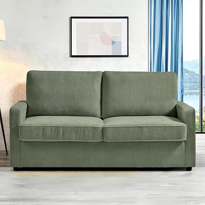 Reversible Sleeper Sofa Bed with Comfortable Memory Foam Mattress, Convertible Corduroy Full Size Pull Out Couch for Living Room, Space Saving Furniture, 70" Wide, Rectangular Arms, Dark Green