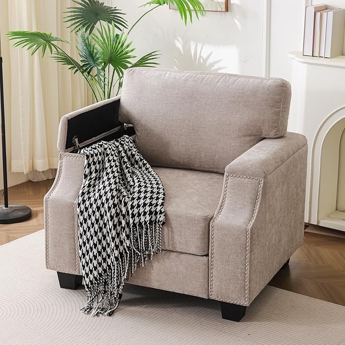 Oversized Accent Chair Set of 2 with Seat Storage,Comfy Living Room Chairs with Armrest Organizer,Oversize Armchair,Big Reading Chair,Sofa Chairs for Bedroom,Velvet,Khaki