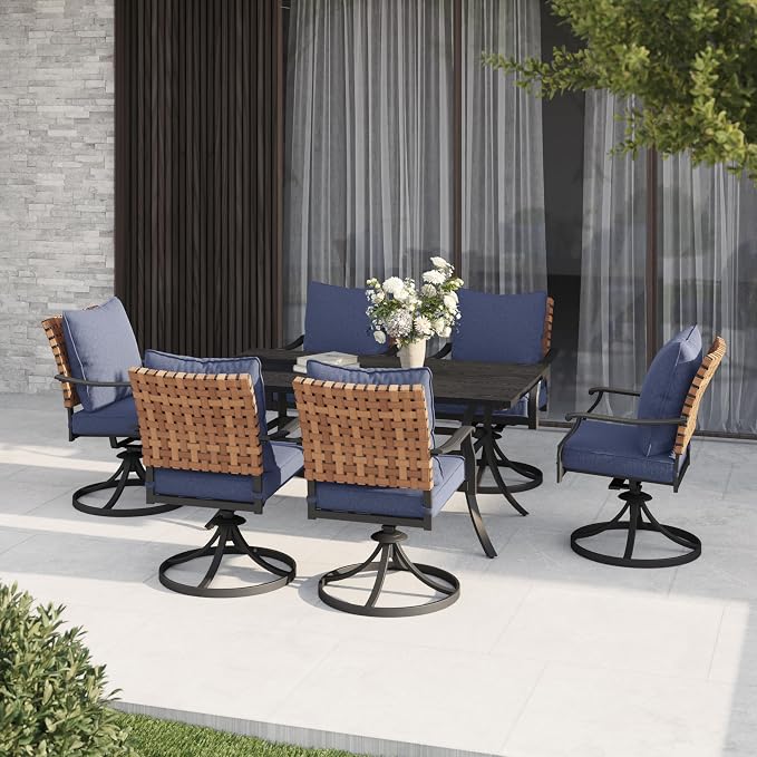 Grand patio 7-Piece Outdoor Dining Set, 6 Leather-Look Wicker Swivel Blue Patio Chairs & 1 Rectangular Dining Table, Black - Image 2