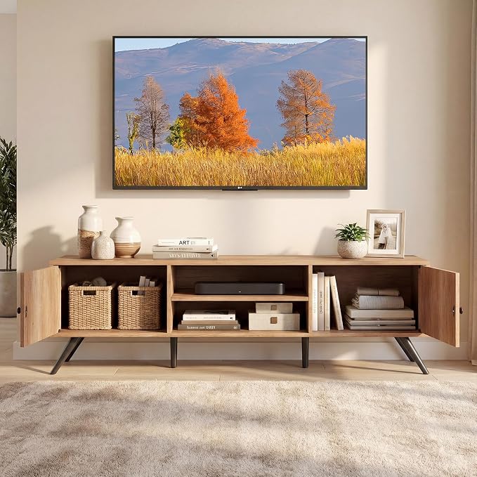 Giantex TV Stand for 65 Inch TV, Mid-Century Modern Entertainment Center w/2 Storage Cabinets, Cable Hole & Open Shelves, Wooden Media TV Console Table for Living Room, Bedroom (59" x 15.5" x 17.5") - Image 8