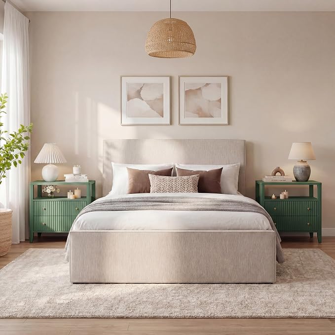 Nightstand with Charging Station, 27.3" Wide Fluted Bedside Tables with 2 Drawers & Open Shelf, Large End Tables with Storage, Metal Handle & Rounded Corners for Bedroom,Green - Image 6