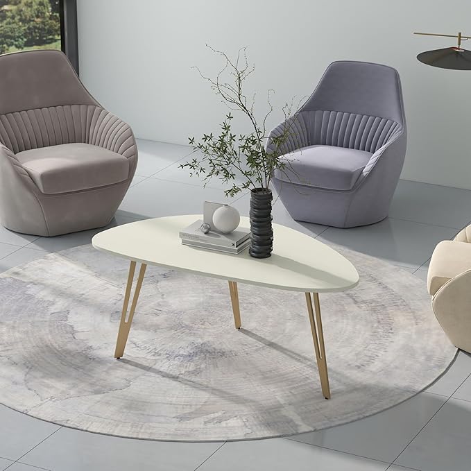 Manora Modern Simple White Wood Oval Coffee Table with Gold Legs, Minimalist Tea Table for Living Room, Office, Apartment or Small Space (White & Gold)