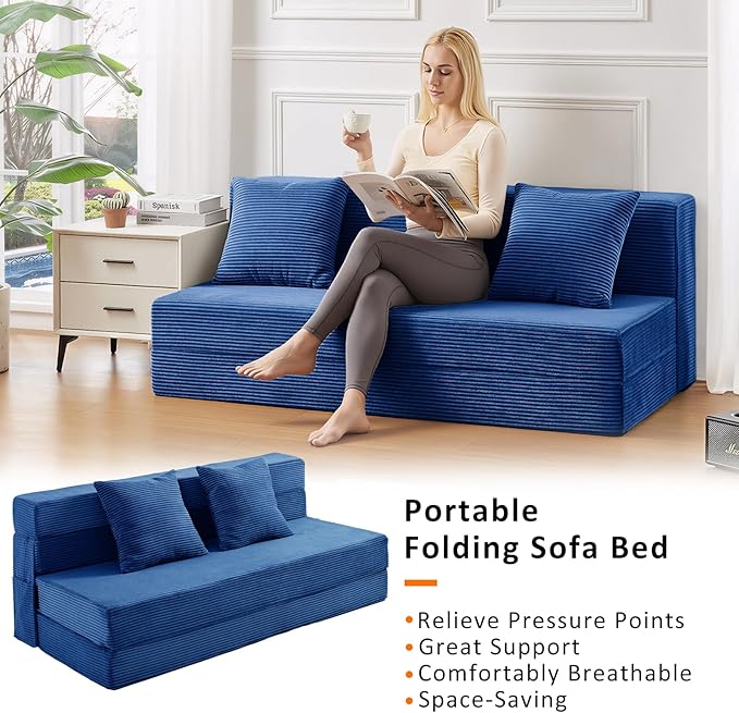 Queen Size Folding Sofa Bed - 4 in 1 Convertible Sleeper Chair with Two Pillows - High Density Memory Foam Futon Couch - Foldable Bed for Living Room Bedroom (Blue)
