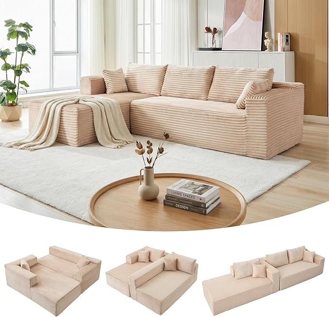 110" Boneless Couch, L Shaped Sofa with Deep Seat, Beige Couch Corduroy Cloud Sectional with Left Facing Chaise, for Living Room Bedroom