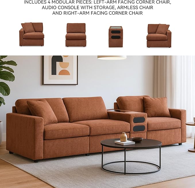Signature Design by Ashley Modmax Urban Modular Stain Resistant 4-Piece Sectional with Audio Console, Drawer Storage, USB Ports and 2 Accent Pillows, Orange