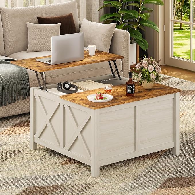 Lift Top Coffee Table with Storage, 31.5" Farmhouse Coffee Tables with Wooden Lift Tabletop and Hidden Compartment Square Center Table for Living Room, Home Office Small Space, White