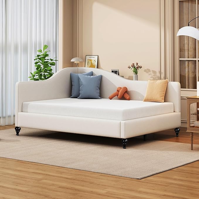 Merax Full Size Bed Frame daybed, L-Shaped Linen Daybed Corner Sofa with Solid Wood Legs for Living Room, Guest Room, No Box Spring Needed, Beige