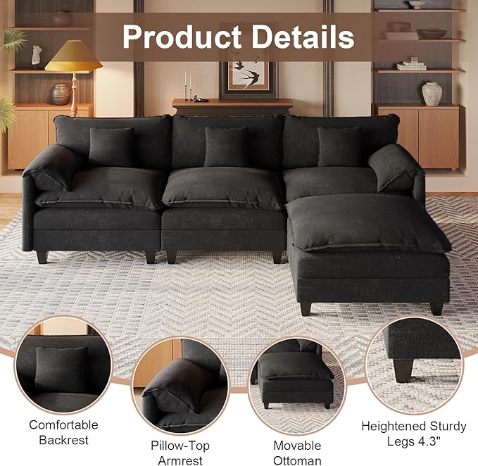 Modular Sectional Sofa, 108” Comfy Cloud Couch with Movable Ottoman | Charging Station | Side Pocket | Throw Pillow, Modern L-Shaped Couches for Living Room, Chenille, Charcoal Black