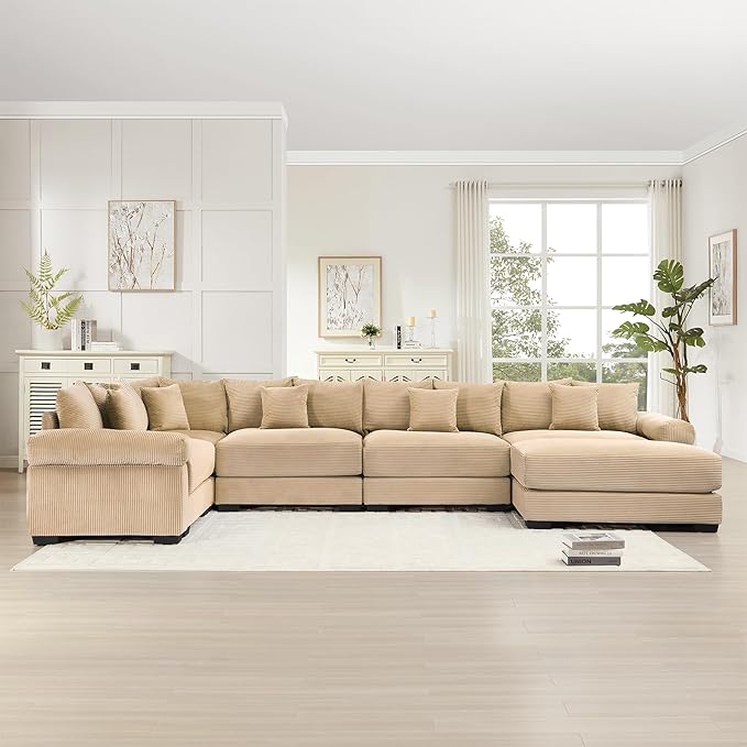 KEIKI 146" U-Shaped Oversized Corduroy Modular Cloud Sectional Sofa with 1 Ottoman, High-Density Foam Cushion, Extra-Thick Armrest, 5-Seater Fluffy Corner Couch with 18 Pillow, for Living Room, Camel