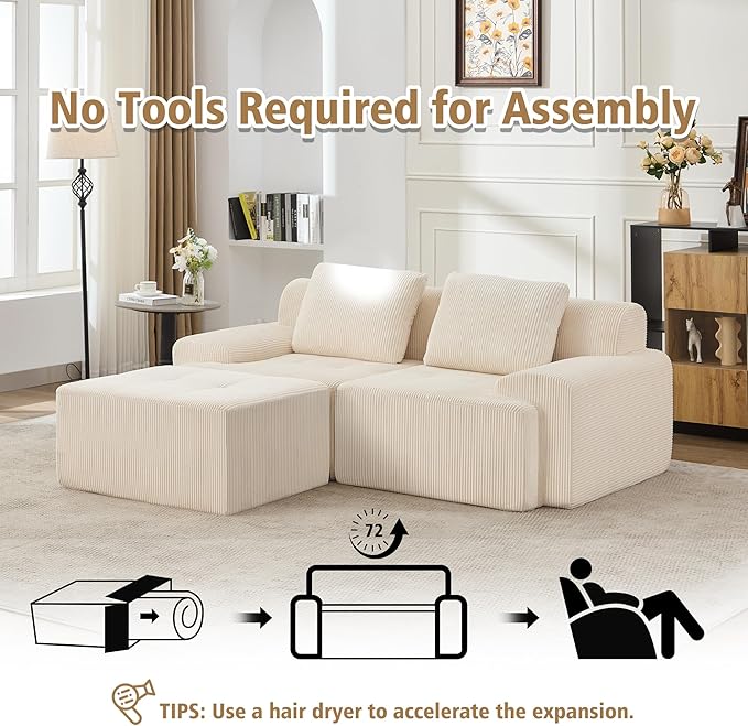 KIGOTY Modular Sectional Sofa, 3 PCS Comfy Cloud Sectional Couch with Deep Seat, L-Shaped Corner Sofas with Ottoman, Modern Boneless Couch for Living Room, No Assembly Required,White
