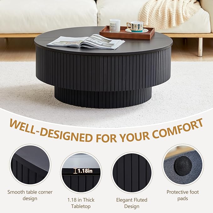 33" Round Coffee Table with Lift-Top & Flip-Top Storage, Modern Accent Fluted Coffee Tables with Metal Frame, Wooden Circle Center Table for Living Room Small Space Apartment Office (Black)