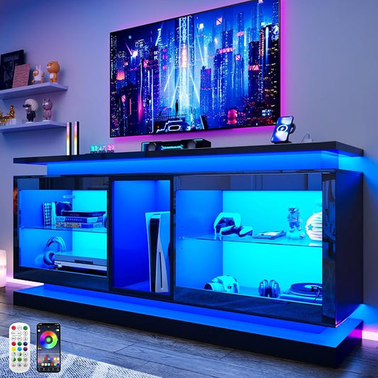 70" TV Stand W/LED Lights&Power Outlets,High Gloss Entertainment Center W/Color-Changing RGB LED Strip/Sound Sync,App/Remote Control For 70 80IN TV,Media Console Table for Home Living Room(Black) by StMandyu