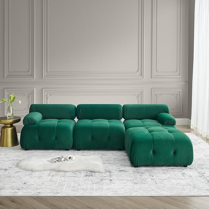 Modular Sectional Sofa with Reversible Ottoman,L Shaped Couch with Button Tufted Designed and Free Combination,Easy to Install,for Living Apartment,Office,Green