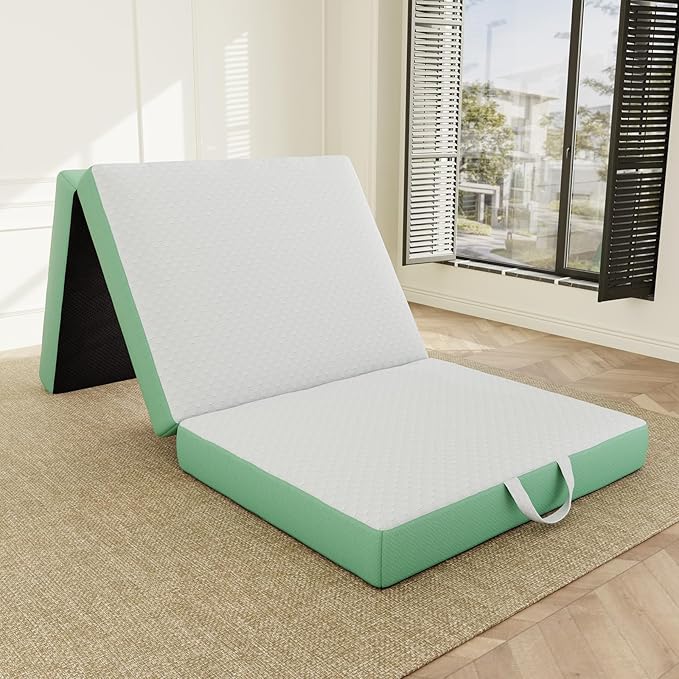 ROXGOX Memory Foam Trifold Mattress, Single Portable Floor Bed 4 Inch, Foldable Mat with Washable Cover, Handle & Non-Slip Bottom, for RV, Travel, Camping, Yoga, 75"x25"x4", White Green