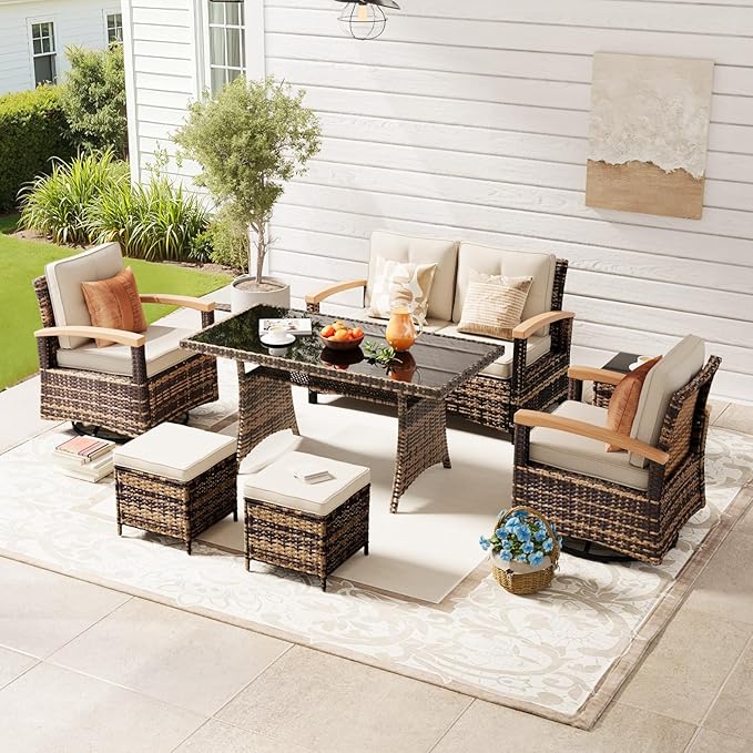 MEISSALIVVE 7 Pieces Patio Furniture Sets, PE Wicker Outdoor Conversation Sets with 2 Wood Armrests Swivel Rocker Chairs, 2 Ottomans,2-seat Sofa and Dining Table (Beige)