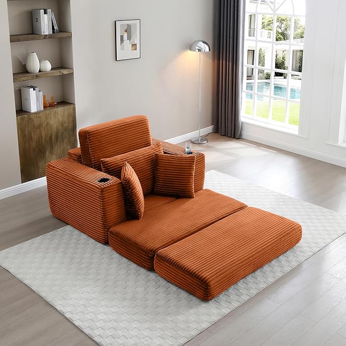 Eafurn 52.4" Oversized Chaise Lounge Indoor with Foldable Ottoman Convertible Boneless Sleeper Sofa Bed, Deep Seat Lounge Chair with Cup Holder & Side Pocket, No Assembly for Living Room | Breathable material, Cupholders