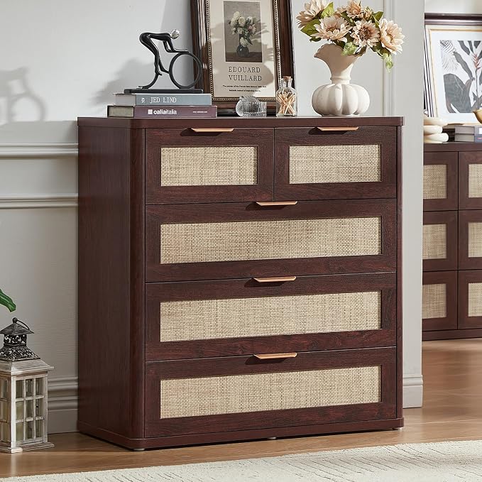 LEYAOYAO Dresser for Bedroom Set of 2, 33.5" Tall Chest of Drawers, Modern 5 Drawers Boho Rattan Dressers with Storage, Dresser Wooden Closet Organizer for Living Room, Hallway - Image 3