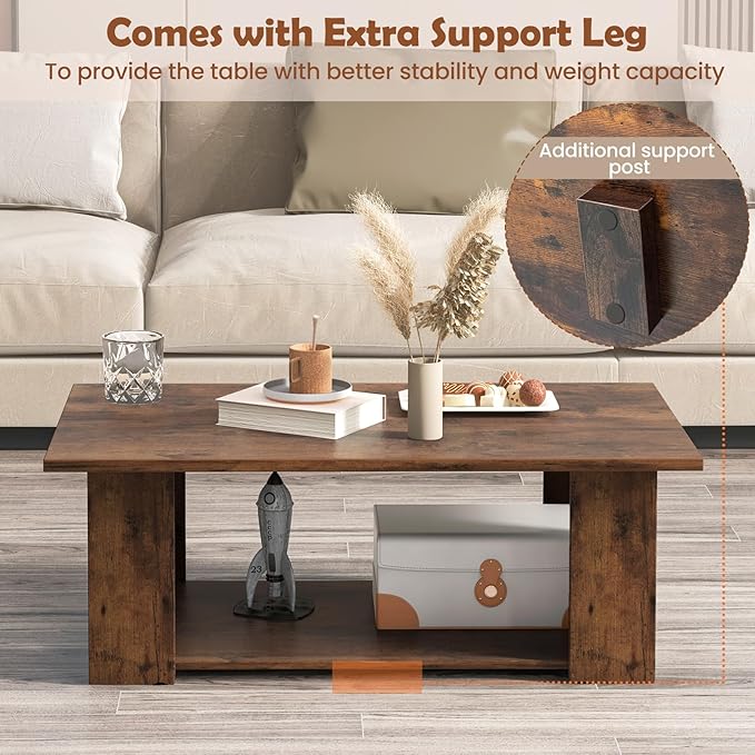 Giantex Rectangle Wood Center Table, 41" L 2-Tier Large Modern Tea Table w/Open Compartment, Easy Assembly, Accent Coffee Table for Living Room, Reception Room, Rustic Brown