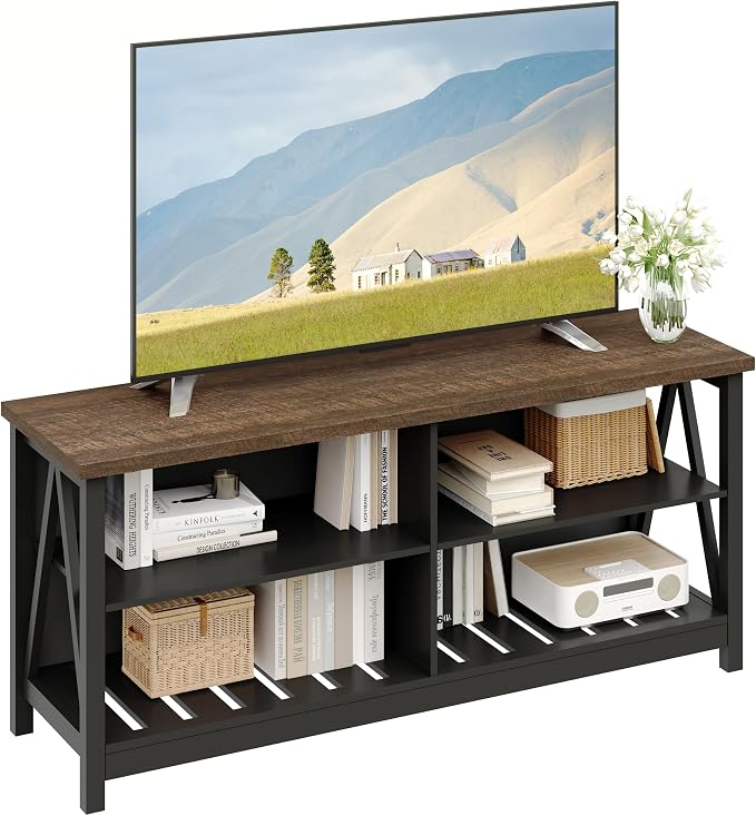 ChooChoo Farmhouse TV Stand for TVs up to 55 Inch, Modern Entertainment Center with 4 Open Shelves & Built-in Cable Holes, Media TV Console for Living Room, Bedroom, Black by ChooChoo