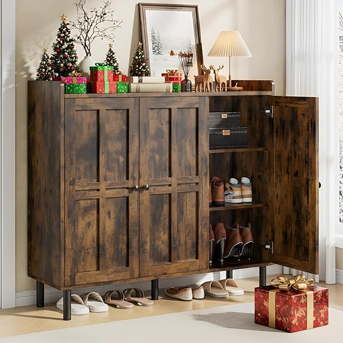 ONBRILL Shoe Cabinet with 3 Doors and Adjustable Shelves, 30 Pairs Shoe Storage Cabinet, 40 Inch Tall Farmhouse Shoe Rack Shoe Organizer Cabinet for Entryway Living Room Closet, Rustic Brown by ONBRILL