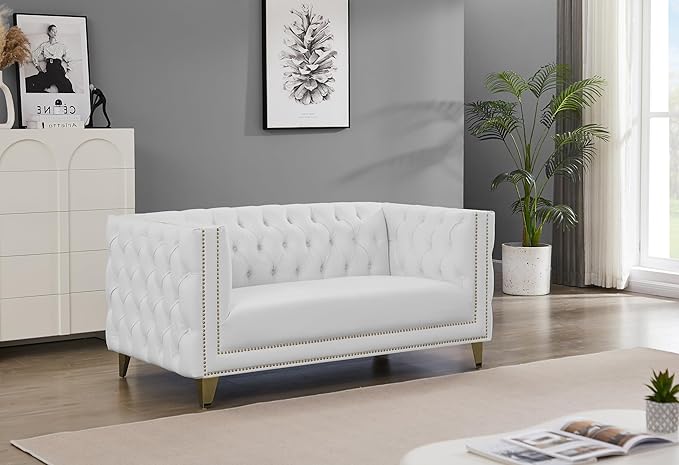 Meridian Furniture 651White-L Michelle Collection Modern | Contemporary Loveseat with Deep Button Tufting, Gold Nailhead Trim and Sturdy Gold Iron Legs, White Vegan Leather, 66" W x 34" D x 30" H