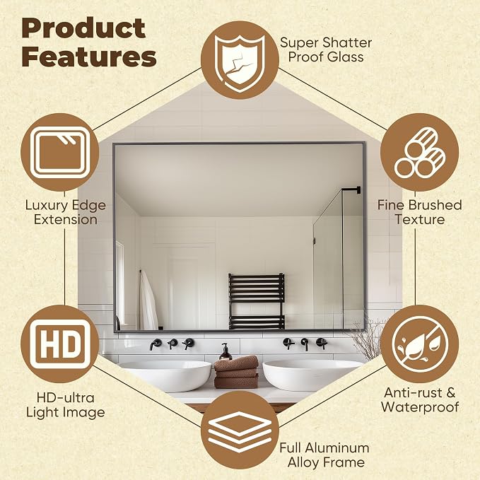 Antok 48x30 Black Metal Framed Bathroom Mirror, Wall Mirror with Rect Corners, Vanity Mirror for Over Sink, Anti-Rust Tempered Glass, Horizontal/Vertical Hanging for Bathroom, Living Room, Entryway - Image 6