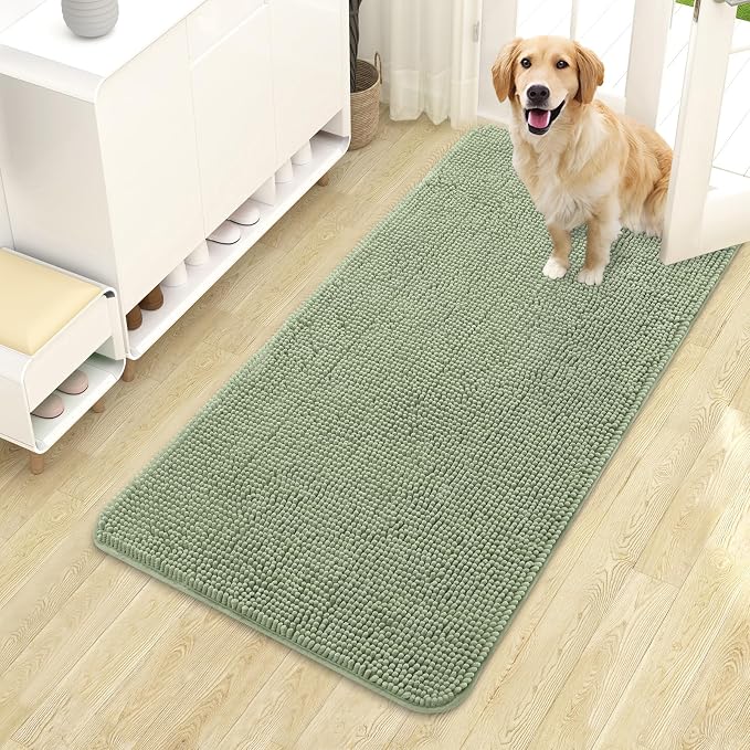 OLANLY Dog Door Mat for Muddy Paws 44x24, Absorbs Moisture and Dirt, Absorbent Non-Slip Washable Doormat, Quick Dry Chenille Mud Mat for Dogs, Entry Indoor Entryway Carpet for Inside Floor, Sage Green by OLANLY