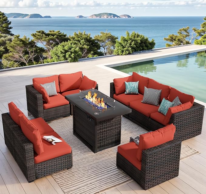 9 Piece Patio Furniture Set with Fire Pit Table, Outdoor Sectional Sofa PE Rattan, Patio Conversation Sets with Cushions for Garden Lawn Balcony Porch Deck Red