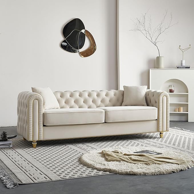 KEIKI 86" Chesterfield Velvet Button Tufted Sofa with High Density Foam Cushions and 2 Toss Pillows, Modern Style 3-Seater Couch with Gold Strip Trim Decoration, Easy Assembly, for Living Room, Beige
