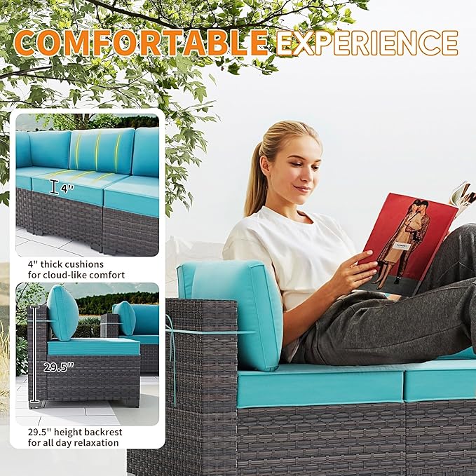 Gotland 15 Pieces Patio Furniture Set with Fire Pit Table, All Weather Rattan Outdoor Furniture with 29.5'' High Backrest 4’’ Thick Cushions Coffee Table, Patio Set for Porch, Deck, Backyard, Blue