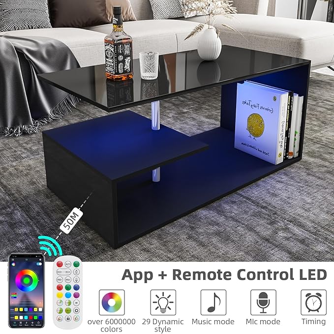 HOMMPA LED Coffee Tables for Living Room Modern Black Coffee Table with S-Shaped 3 Tiers Open Storage Shelf High Gloss Center Sofa Tea Table with LED Lights for Home Office Furniture Black 18" Tall