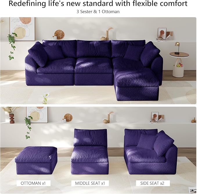 108" Modular Sectional Sofa Boneless Cloud Couch for Living Room, L Shape Deep Seat Recliner Sofa with Ottoman, Adjustable Backrest & 2 Throw Pillows - Covers Washable, (Purple, 3 Seater+1 Ottoman)