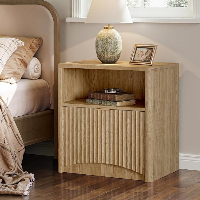 Evermagin Fluted Nightstand Set of 2, Natural Oak Bedside Table with Drawer and Storage, Wood End Table Mid Century Modern, Large Night Stand for Bedroom - Image 5