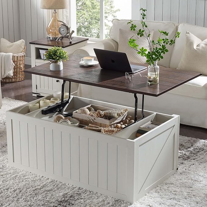 48" Lift Top Coffee Table, Farmhouse Cocktai with Sliding Groove Barn Door, Rustic Wood Center Table w/Double Storage Spaces for Living Room, White