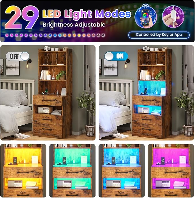 AOGLLATI Tall Nightstand with Charging Station and LED Lights, Night Stand with 3 Drawers, Rustic Brown Bedside Table with Bookshelf, Modern End Side Table for Bedroom - Image 4