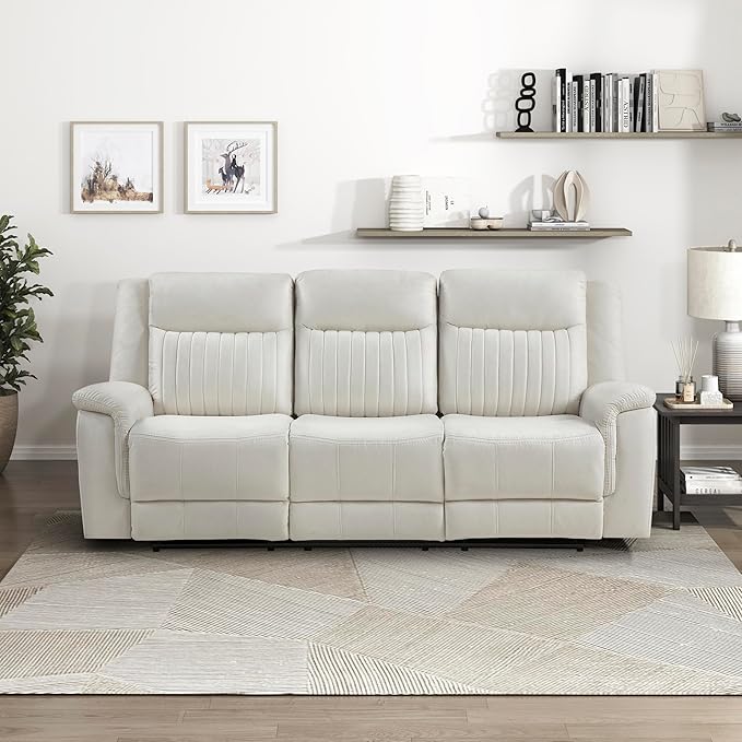 Lexicon Manual Double Reclining Sofa, Polished Microfiber Upholstered 3 Seater Manual Sofa Recliner for Living Room, Wall Hugger, Easy Assembly, Beige