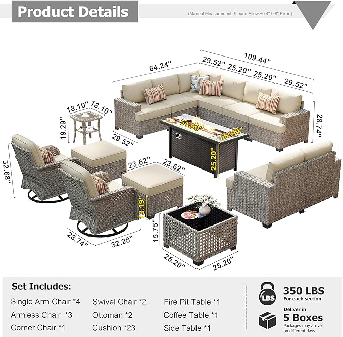 HOOOWOOO Outdoor Sectional Patio Furniture Set with Fire Pit Table,15 Pieces Wicker Conversation Sets L Shaped Couch,Extra Deep Out Door Sofa Outside Furniture with Swivel Chairs Ottoman,Beige