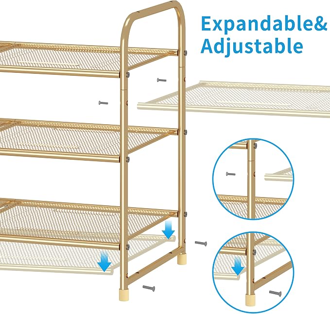 Simple Trending 3-Tier Stackable Shoe Rack, Expandable & Adjustable Shoe Shelf Storage Organizer, Metal Mesh, Gold - Image 4