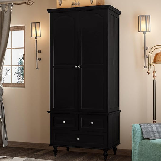 MOUMON 2 Door Armoire Wardrobe Closet with 3 Drawers, Vintage Wardrobe Cabinet with Hanging Rod, Bedroom Armoire Closet with Shelves, for Bedroom, Black, 19.7”D x 31.5”W x 70.9”H